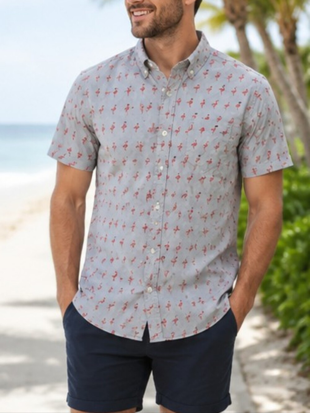Retrofit Light Gray Short-Sleeve Button-Down Shirt with Pink Flamingo Print